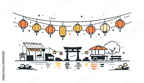 Spring Night Lanterns. Spring festival night lights illustration. Soft glowing lanterns hanging above a calm street scene with gentle reflections, warm and