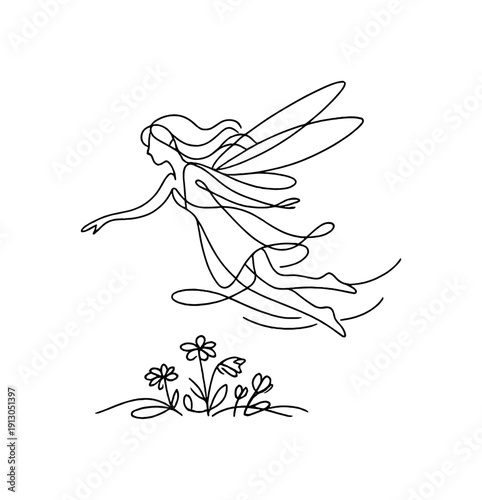   "Enchanted spring fairy". Minimalistic one-line drawing fairy hovering lightly above meadow