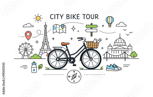    City bike tour overview. Symmetrical composition of bike, landmarks, and navigation elements. Balanced editorial scene expressing slow