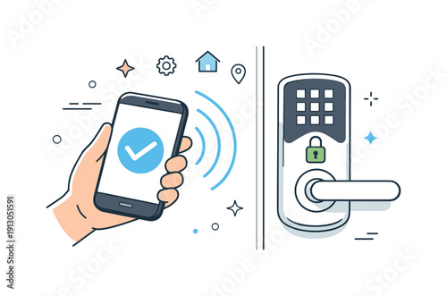 Mobile access control. Hand holding a phone near a smart door lock, gentle signal waves showing connection. Feeling of convenience and