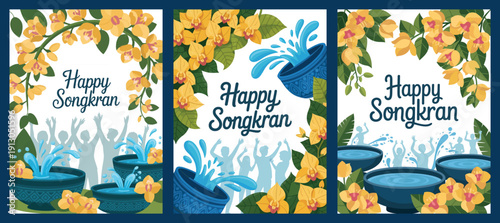 Happy Songkran Festival Greetings with Water Splash and Floral Design