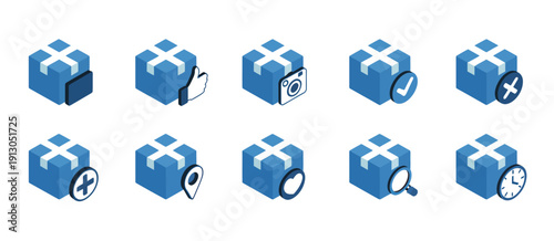 Carton parcel box delivery icon set, featuring shipping confirmation, approval check marks, acceptance symbols, tracking location pins, time schedule, like, dislike, search, and add icons.