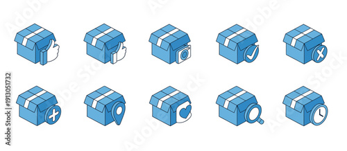 Carton parcel box delivery icon set, showcasing ecommerce logistics symbols including confirmation, approval, package tracking, time management, feedback reactions, search, and add elements.