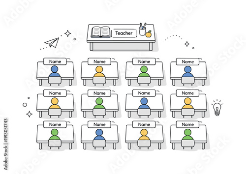 Organized classroom layout. A top-view scene of desks neatly aligned with name cards and simple student symbols, showing structure and