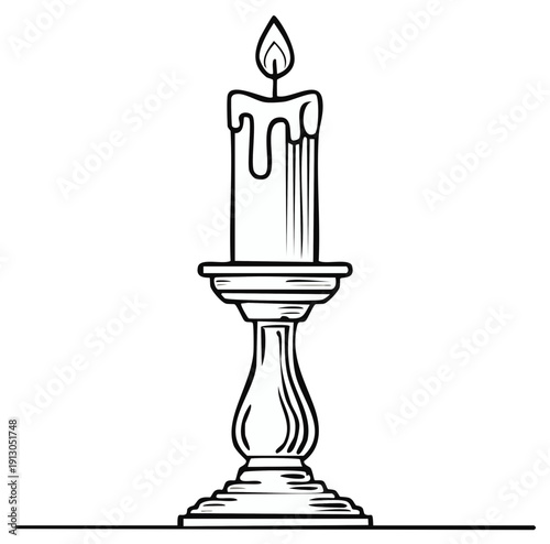 Elegant candle with melting wax burning brightly in a vintage candlestick holder illustration