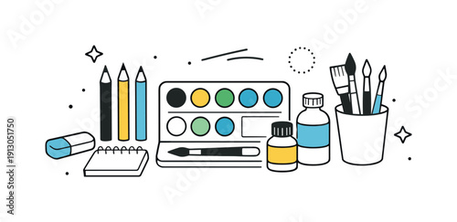 Art supplies close-up. A calm editorial scene focusing on paints, pencils, and brushes neatly arranged on a clean surface, highlighting