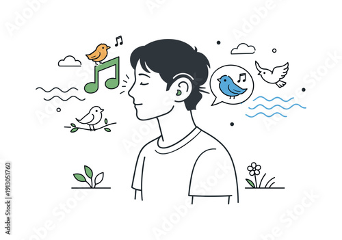 Birdsong Immersion. Bird listening practice. A person wearing light headphones symbolically replaced by birdsong icons, calm focus and nature immersion.