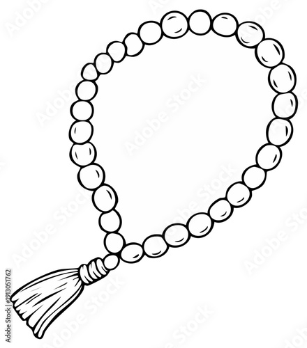 Drawn illustration of prayer beads with a tassel, isolated on white