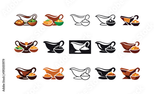 Thanksgiving dinner. Icon set. Set Logo of Thanksgiving dinner: gravy boat and sides. harmonious logo variations of the same emblematic