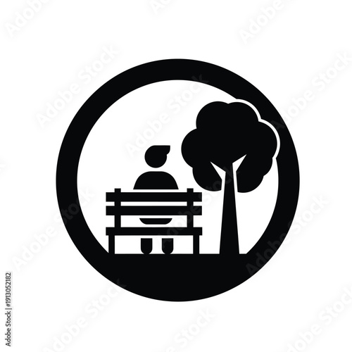 Vector illustration icon black silhouette of a person sitting on a bench under a tree in a circular frame