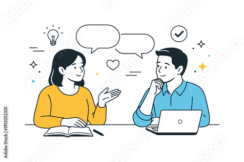 Calm Team Collaboration. Team interaction emotional labor. Two colleagues communicating calmly with controlled expressions. Respectful collaboration, empathy,