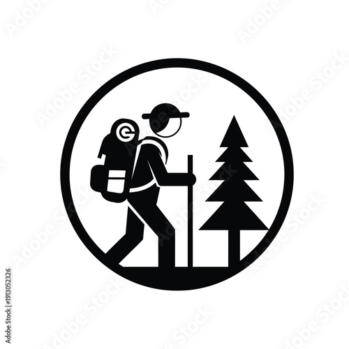 Vector illustration icon black silhouette of a hiker with backpack and trekking pole walking towards trees