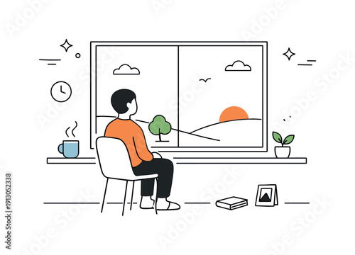    Monotony but calm. Person sitting by a window watching the same view, minimal change in scenery. Stillness and emotional balance within an