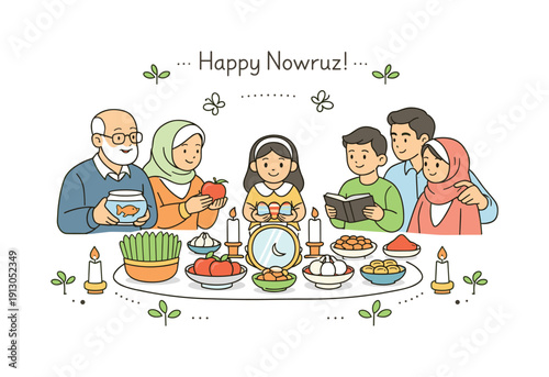 Nowruz greeting tradition. A family gathered around a Haft-Seen table, offering kind wishes and symbolic items to celebrate Persian New Year.