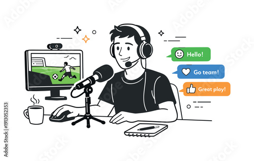 Streaming commentary. Solo game commentator at home setup with microphone, screen, and chat messages appearing nearby. Relaxed but focused