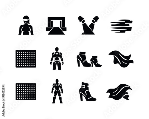   Digital runway fashion. Filled icon set of Digital runway fashion: virtual model, digital