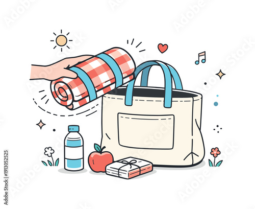 Picnic blanket folds. A picnic blanket being packed into a simple bag, conveying readiness for a calm outdoor escape. Soft decorative