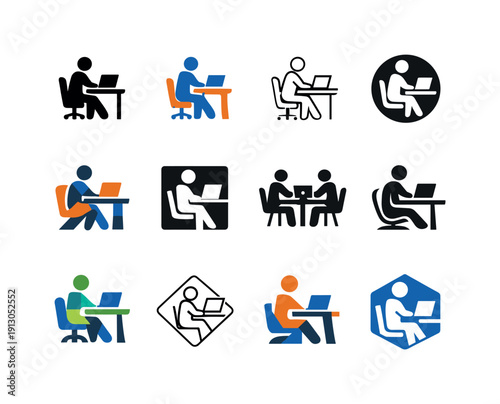 Gig economy. Icon set. Set Logo of gig economy: freelancer at desk. harmonious logo variations of the same emblematic concept, each with