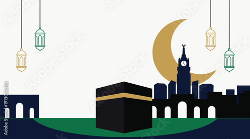 Minimalist Flat Vector of Kaaba and Makkah Skyline with Golden Crescent