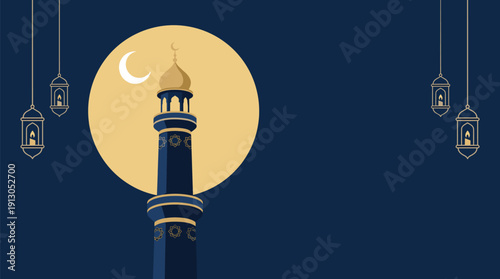 Islamic Minaret Silhouette against Full Moon with Decorative Lanterns