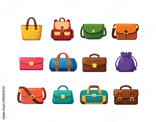   LeatherBags. Colorful flat vector icons set of LeatherBags: tote bag, backpack, crossbody bag, messenger bag, clutch, duffel bag, briefcase,