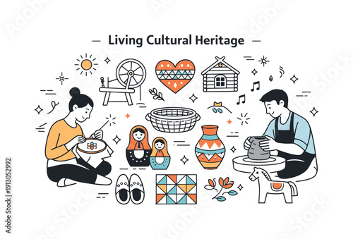 Living cultural heritage. A clean composition combining handmade objects, patterns, and people, symbolizing how folk art keeps culture alive