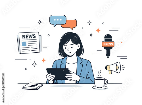 Media relations work. A PR specialist reviewing press releases on a tablet while icons of news, chat bubbles, and microphones float around.