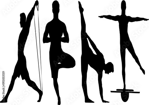 Yoga poses silhouette illustrations for fitness and wellness
