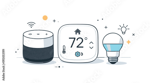 Smart Home Harmony. Smart home devices. A modern set of smart devices including a speaker, thermostat, and light bulb arranged neatly on a clean surface. Calm