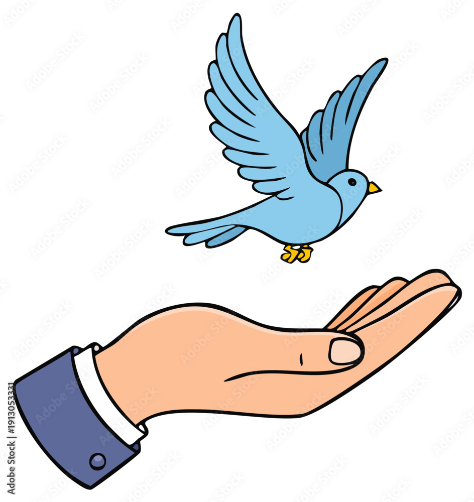Obraz premium Blue bird in flight departing open hand gesture, symbolic freedom and release