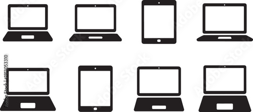 Laptop and Tablet Icon Set, Black Vector Silhouettes for Tech Design