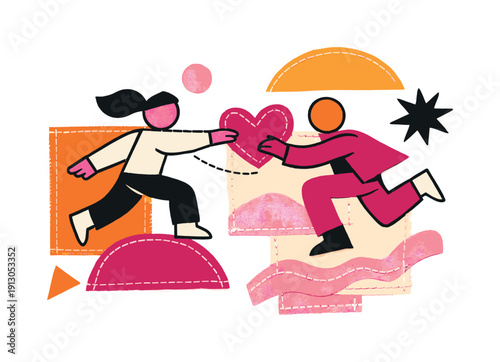   Handcrafted art moment. An abstract artwork where fabric patches are painted over, stitches