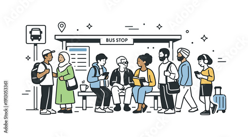 Street scenes reflecting multicultural interactions. Bus stop scene with people chatting, checking phones, and waiting together. Quiet