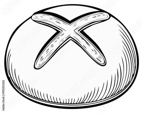 Loaf of Round Crusty Bread with Decorative X Cut Traditional Baking Sketch