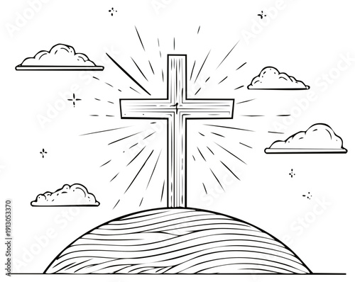 Stylized Cross Symbol on Hilltop with Rays of Light and Clouds Illustration