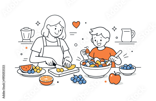 Family Fruit Fun. Creating a fruit salad with a variety of color