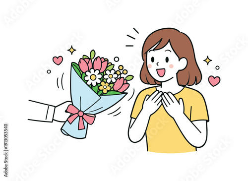 Surprise Floral Delivery. Receiving flowers or a thoughtful gesture. Flowers delivered unexpectedly, recipient surprised and touched, gentle motion lines