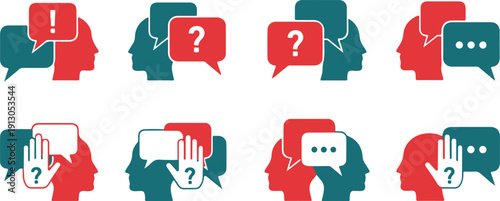 A graphic illustration of people communicating with speech bubbles and question marks