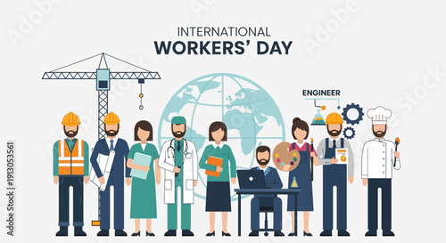 Illustration celebrating International Workers' Day with diverse professionals from various industries standing together.