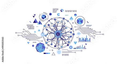 Abstract illustration of a complex neural network surrounded by data visualizations, geometric shapes, and circuit patterns, representing artificial intelligence and advanced technology concepts.
