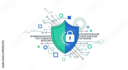Digital security shield with padlock icon representing data protection and cybersecurity in a network environment.