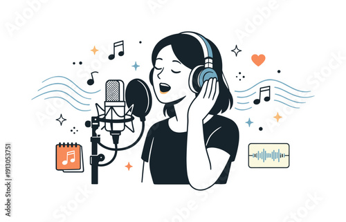 Studio Vocalist Recording. Singing for recording artists and their albums. Vocalist singing into a studio microphone with headphones on, focused on recording