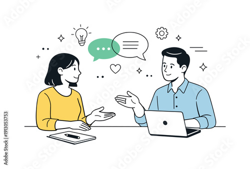 Calm Team Collaboration. Team interaction emotional labor. Two colleagues communicating calmly with controlled expressions. Respectful collaboration, empathy,