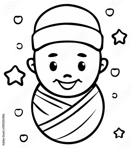 Adorable baby face smiling wrapped in blanket with stars and circles surrounding illustration