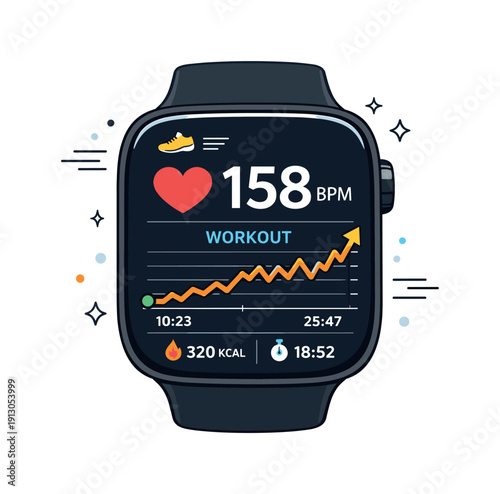 Heart rate monitor close-up. A smartwatch screen displaying rising heart rate during an active workout. Focused energy, clear data and