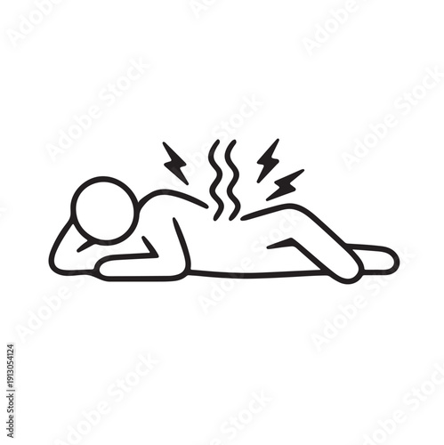Line icon of person lying down with back pain, medical and wellness concept