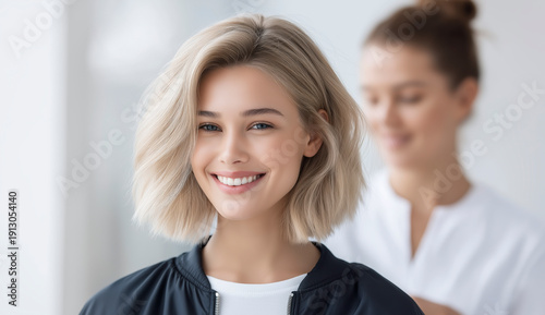 Woman with short bob haircut sitting in modern beauty salon with stylist blurred in background, wearing black jacket and white shirt