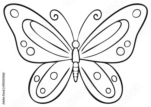Outline illustration of a butterfly with detailed wing patterns and curled antennae