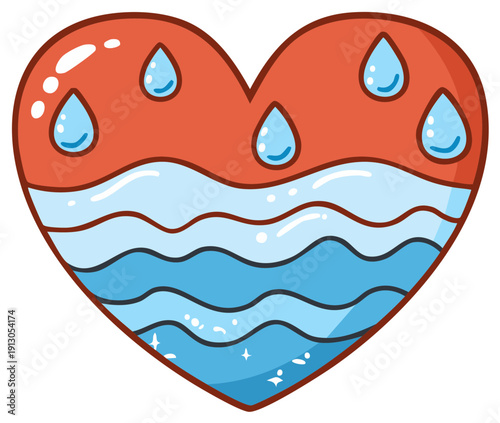 Cartoon Heart Filled with Waves and Crying Droplets Symbolizing Sadness and Emotional Pain