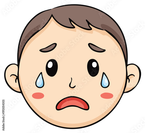 Sad child face with tears and blushing cheeks cartoon illustration